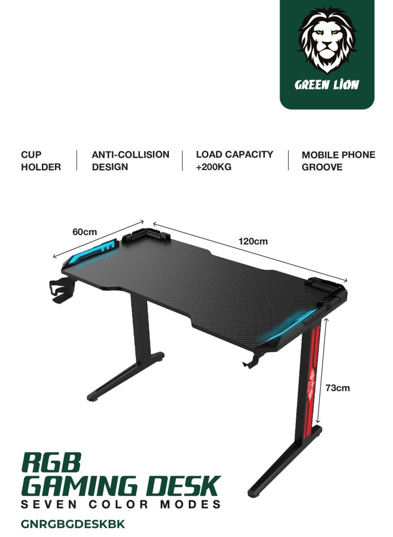 جرين ليون مكتب ألعاب RGB مقاس 120×60 مع سبعة أوضاع ألوان وحامل أكواب، مكتب للمنزل أو المكتب، أخدود للهاتف المحمول، طاولة للاعبين، مقاوم للاهتراء، تصميم مضاد للاصطدام، مقاوم لدرجات الحرارة العالية، أرجل طاولة من الفولاذ الكربوني - أسود - Image 3